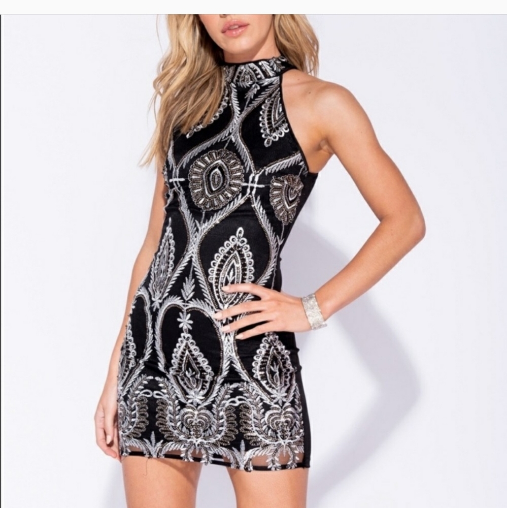 Halter neck sequin fitted mini dress